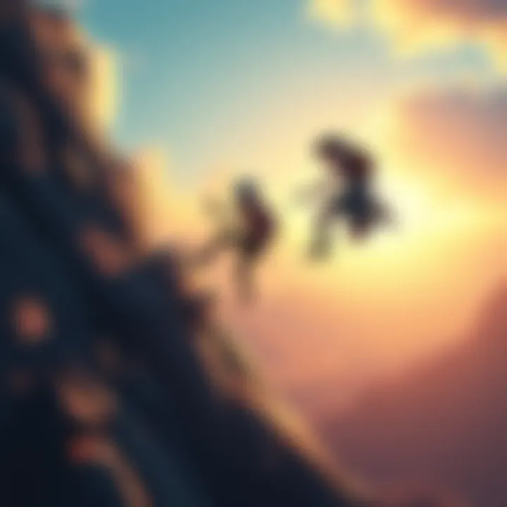 Two characters climbing a steep rock face in a vibrant outdoor setting