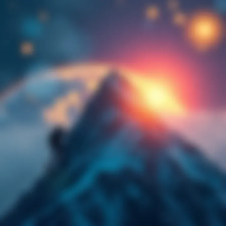 A person climbing a steep mountain with determination, symbolizing the journey through competitive ranks