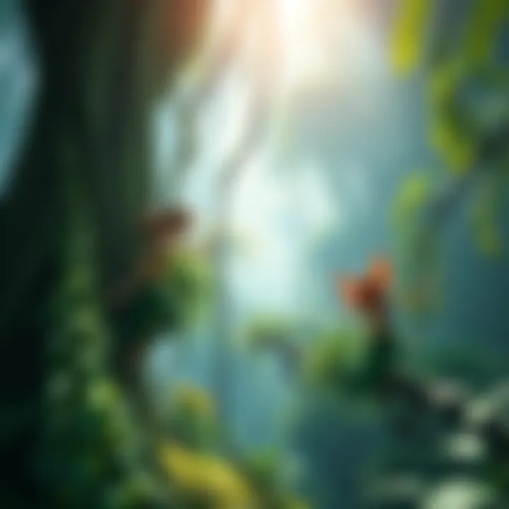 Characters using climbing vines to move vertically in a lush jungle environment