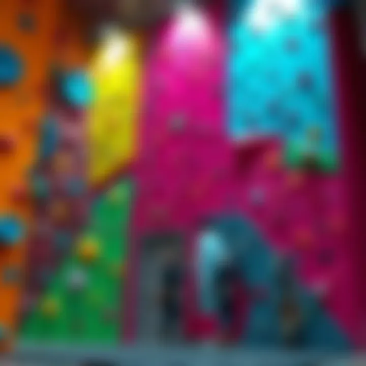 A vibrant climbing wall with innovative bation ideas, showcasing safety features and fun elements for climbers.