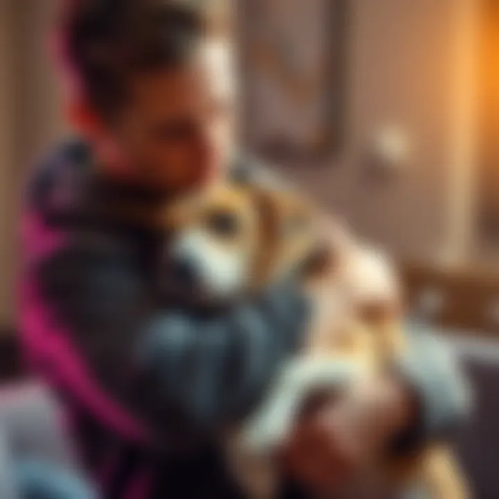 Clintstevens gently holding his dog in his arms, showing concern after an accidental drop, highlighting their bond.