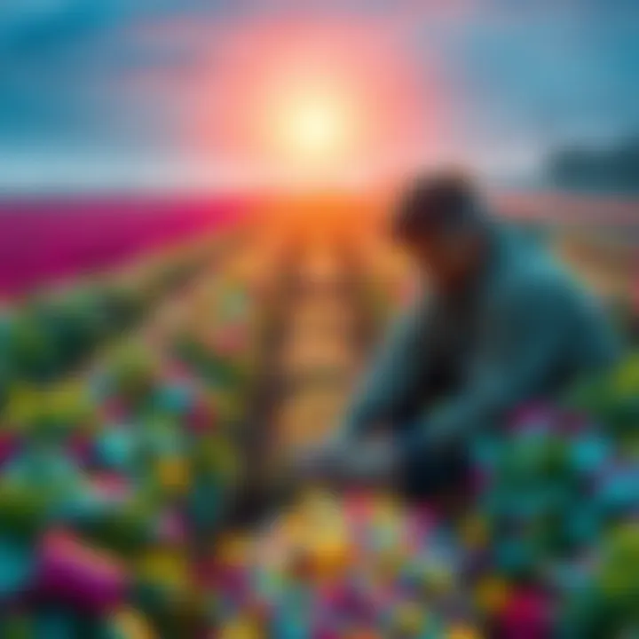 A person tending to a vibrant farm filled with clips, showcasing effective farming techniques.