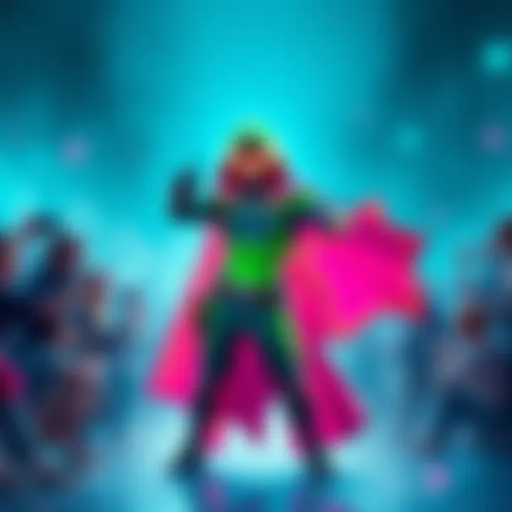 Cloaked Star Character Standout The Cloaked Star character in a heroic pose, showcasing a vibrant costume, surrounded by fans discussing hero selection.