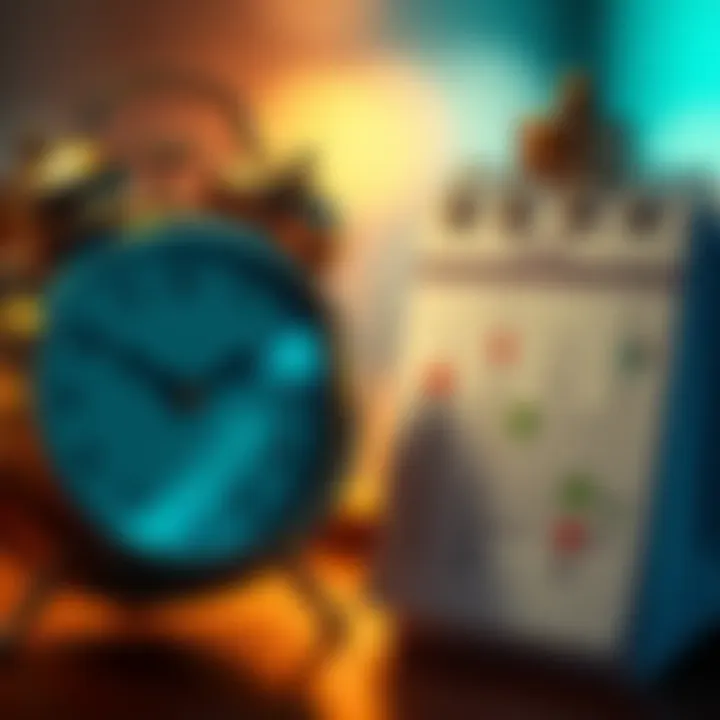 A close-up of a clock next to a calendar, showing the passage of time over two weeks.