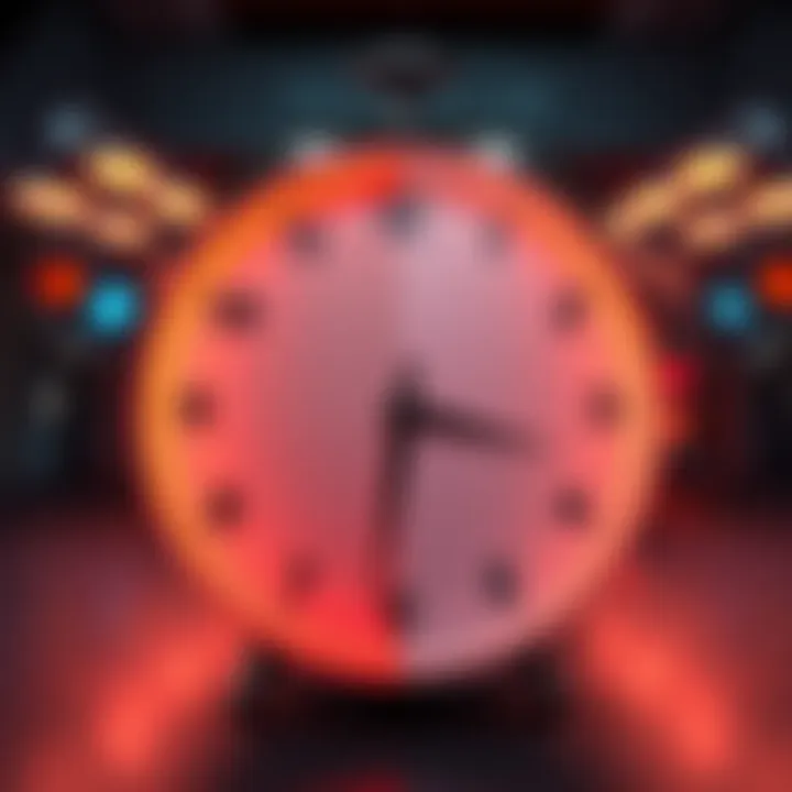 Clock showing game and real time A split image showing a clock representing in-game time on one side and a real-world clock on the other, illustrating the difference in time mechanics between games and reality.