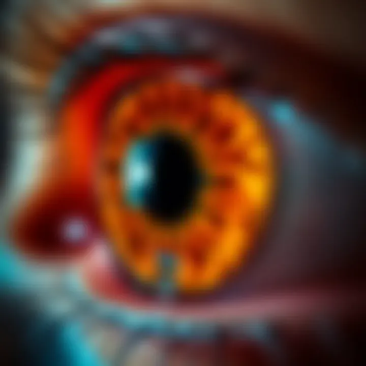 Detailed view of a human iris showing its colors and texture