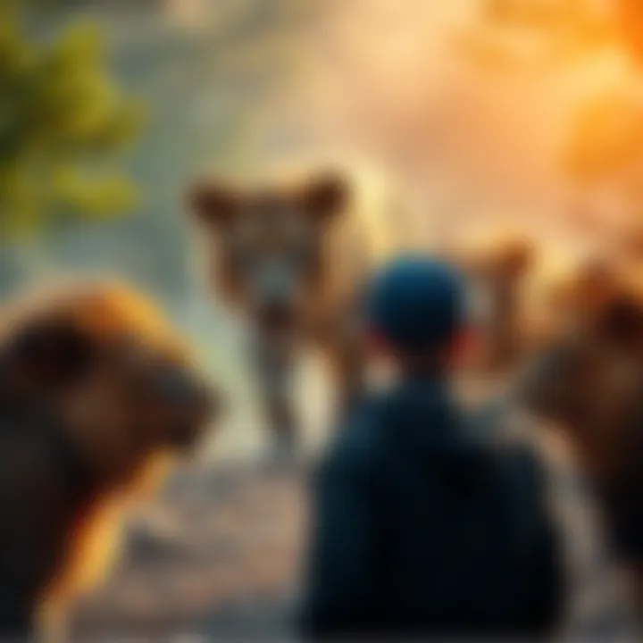 A person stands close to wild animals in their natural habitat, showcasing an exciting and thrilling moment of proximity to nature.