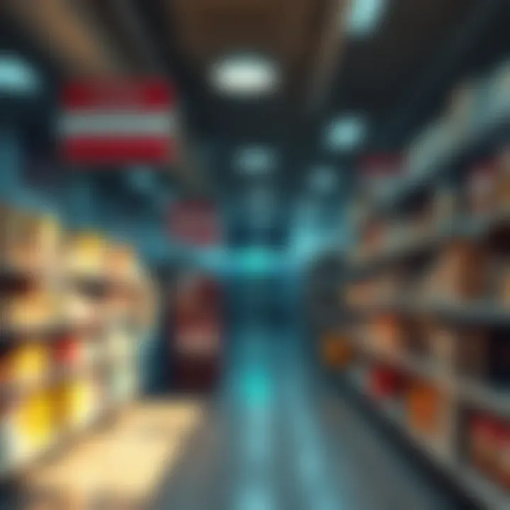 An empty aisle in a box store filled with nostalgic items left behind, showcasing shelves that evoke memories.