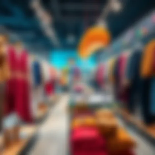 A colorful clothing shop display with trendy outfits and accessories