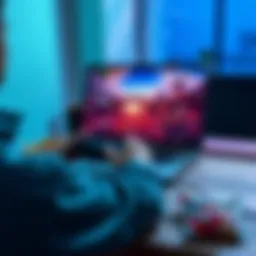 A person playing a video game on a laptop using a cloud gaming service, showing vibrant graphics on the screen and a relaxed setup with snacks nearby.