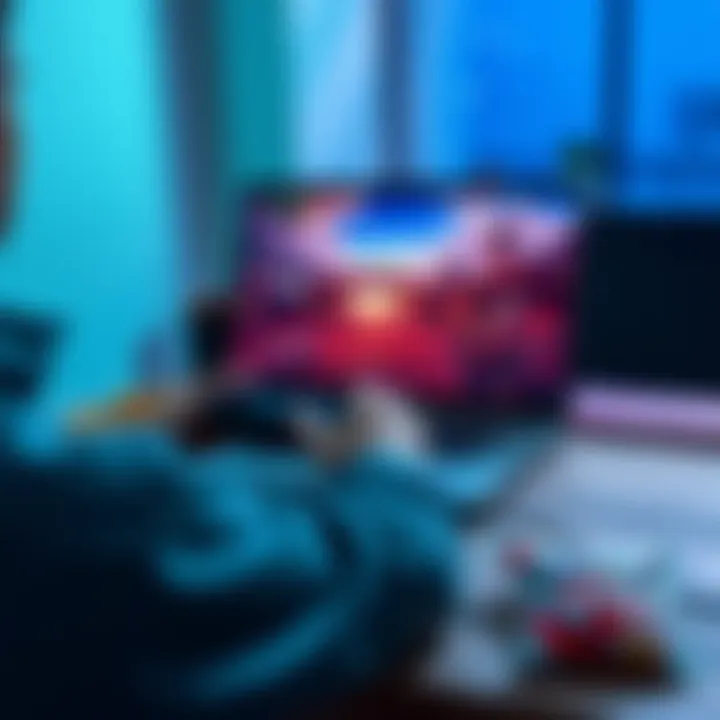 A person playing a video game on a laptop using a cloud gaming service, showing vibrant graphics on the screen and a relaxed setup with snacks nearby.