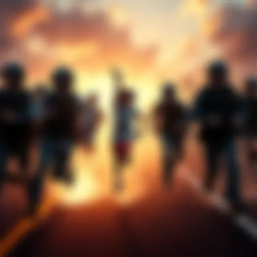 A group of boys running away while police officers pursue them in a dramatic scene.