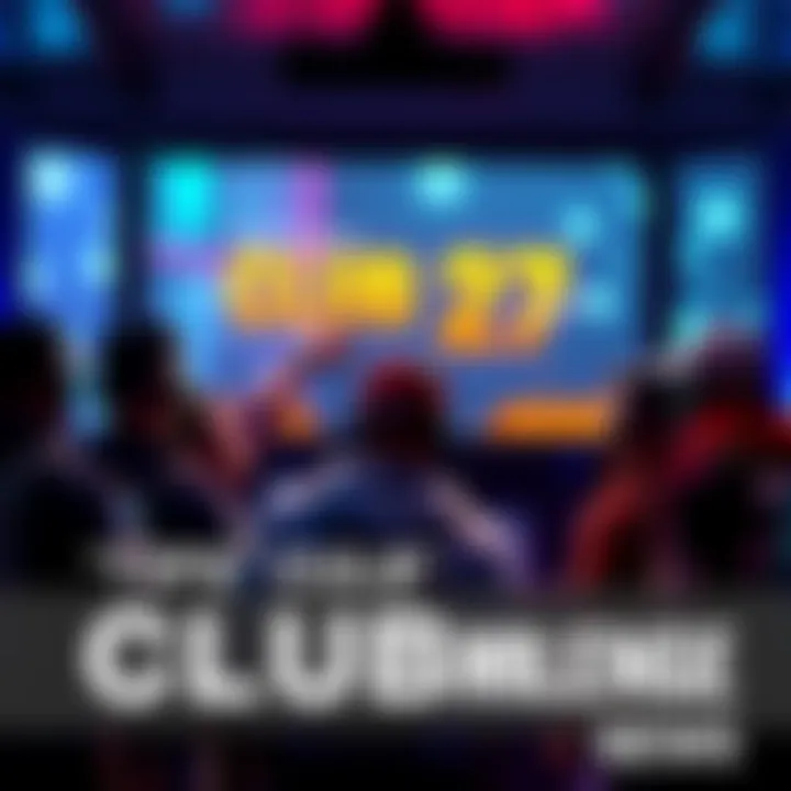 Club 27 Challenge A group of players strategizing in front of a digital screen displaying the Club 27 mission, with one player pointing at the screen and others taking notes