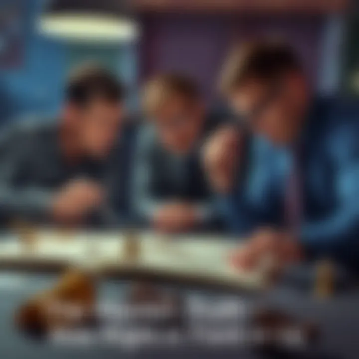 People examining clues on a table, looking puzzled and intrigued.