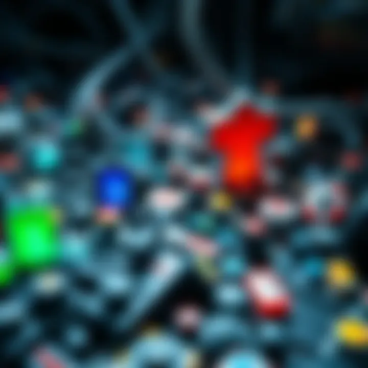 Cluttered Battle Interface A close-up view of a chaotic video game battle interface filled with numerous buttons and icons, making navigation difficult for players.