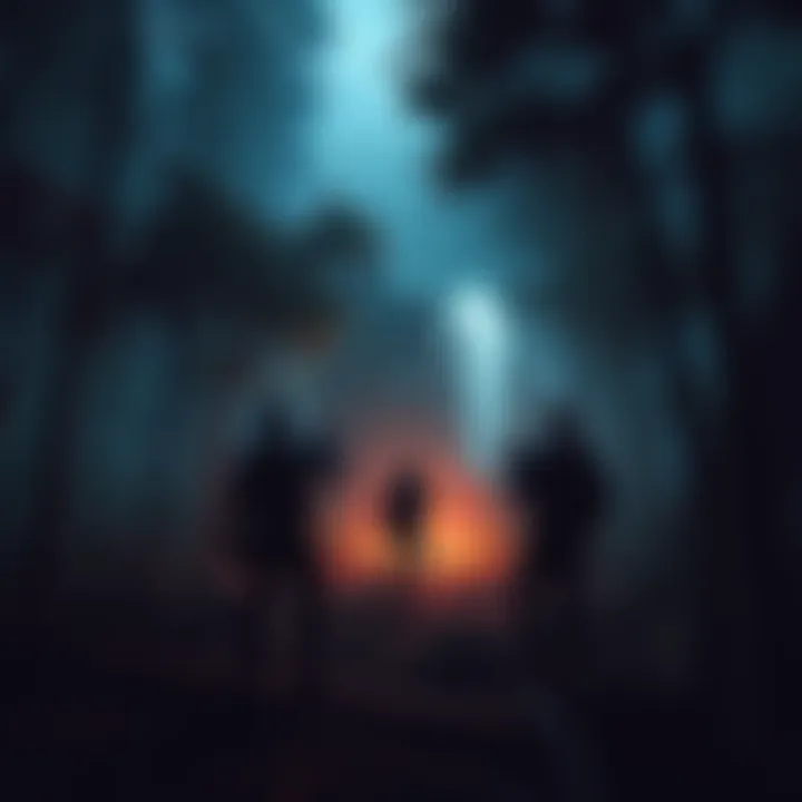 Co-op Survival Horror Adventure A group of players working together in a dark forest, with a maze-like structure in the background, surrounded by eerie shadows and suspenseful atmosphere.