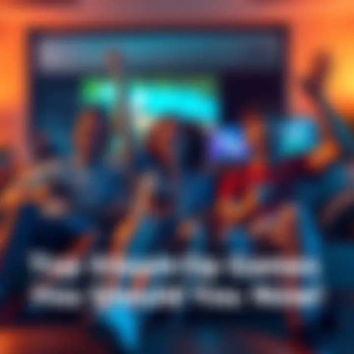 A group of friends playing co-op video games together on a couch, excited and cheering.