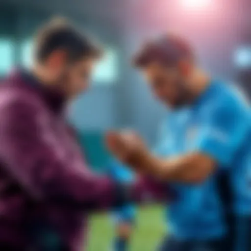 A coach working with a player, focusing on skills to improve from C1 to Grand Champion level, emphasizing support and development.