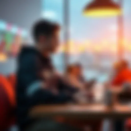 A coach sitting at a table with a laptop, engaging in an online discussion with other coaches on Discord, looking thoughtful and focused.