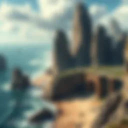 A coastal map showing a beach bordered by strange cliffs and tall monoliths, with a fey area featuring bridges and a cave entrance.