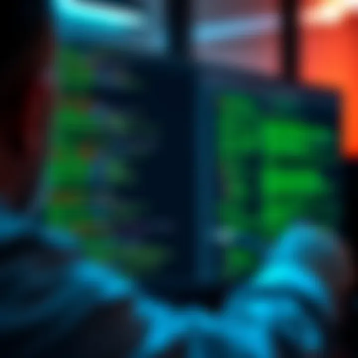 A programmer analyzing lines of code on a computer screen, focusing on its meaning and implications.