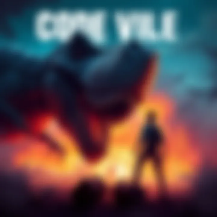 Artwork showcasing the main character facing a dinosaur in a tense moment, highlighting the game's thrilling atmosphere.