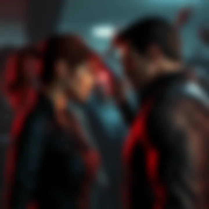 Claire Redfield and Albert Wesker facing off in a dimly lit, zombie-infested environment.