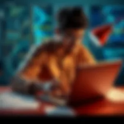 A person working on a laptop, planning coding strategies with notes around them, symbolizing problem-solving in coding.