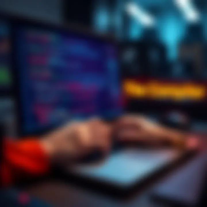 A person coding on a laptop with programming language text on the screen, symbolizing the process of compiling code into machine language.