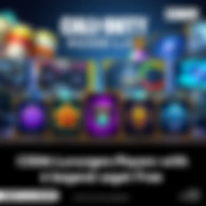 A display of six Legendary and one Mythic Blueprint items from Call of Duty Mobile, showcasing their vibrant designs and colors against a game-themed background.