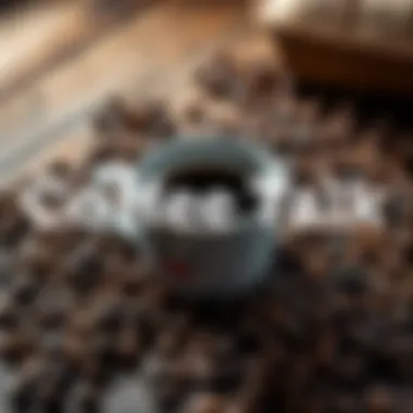 Coffee cup and beans A steaming cup of coffee surrounded by roasted coffee beans on a wooden table