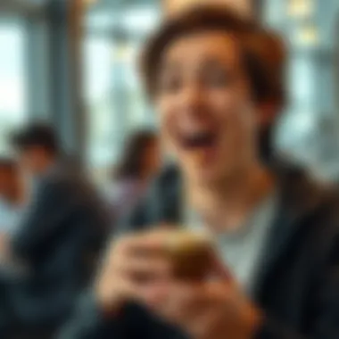 A person laughing while almost spilling coffee, capturing a funny moment of surprise and joy