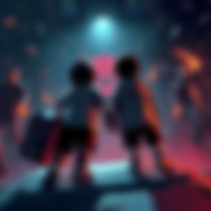 Illustration showing a game scene with Andy and Leyley characters facing chaos in a dark environment