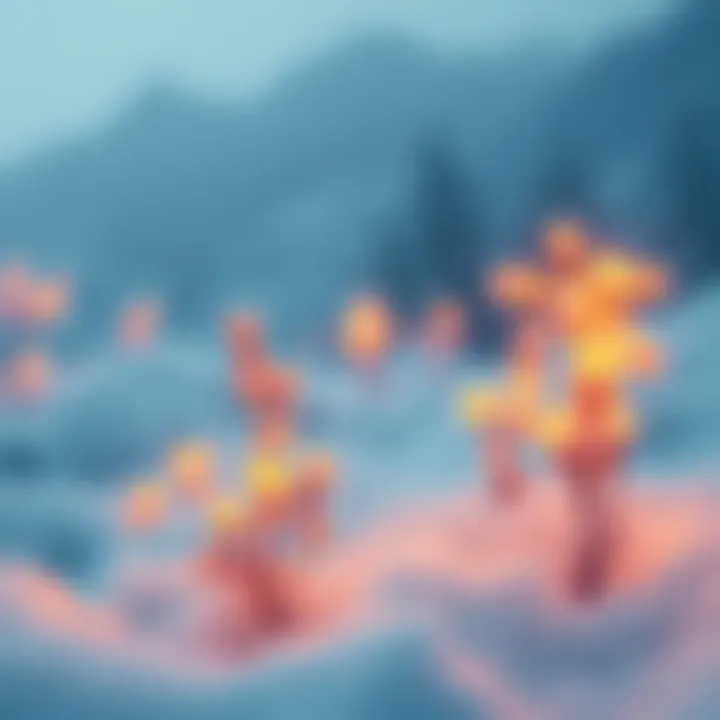 A snowy landscape with glowing magical plants thriving in the frost, showcasing the connection between cold temperatures and magic.