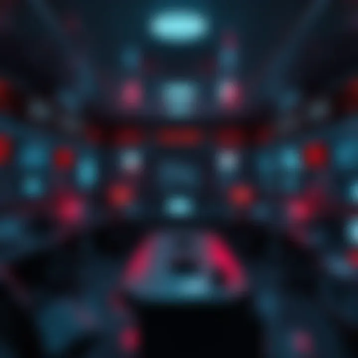 A room designed like a Cold War control center with vintage technology and dim lighting