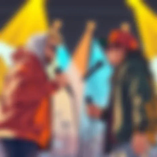 Illustration of Cole Macgrath and Alex Mercer facing off in a rap battle scene with microphones in hand