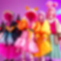 Colorful and unique collab outfits from Love Nikki game displayed together