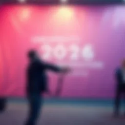 Two people shaking hands in front of a large banner announcing their collaboration
