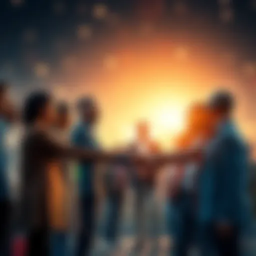 A group of diverse people shaking hands in front of a bright future backdrop, symbolizing teamwork and innovation.