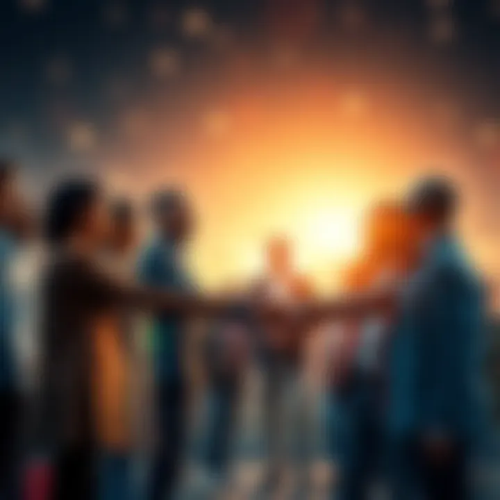 A group of diverse people shaking hands in front of a bright future backdrop, symbolizing teamwork and innovation.