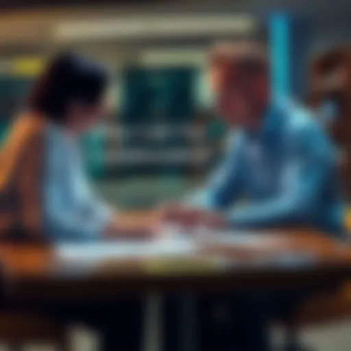 Two people discussing project ideas with a laptop and documents on a table