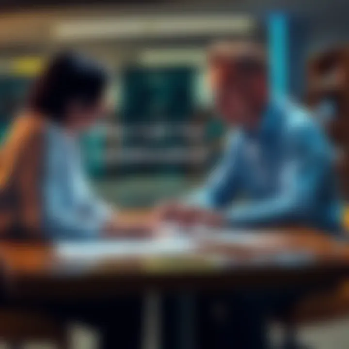 Two people discussing project ideas with a laptop and documents on a table