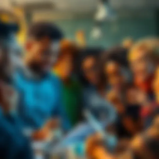 A group of diverse people brainstorming together, with some showing enthusiasm while others appear thoughtful and unaware of their potential contributions.