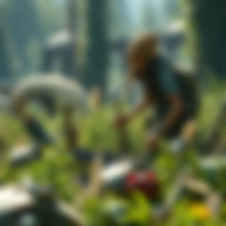 A person exploring a vibrant post-apocalyptic environment, gathering ancient relics and tools amidst lush greenery and remnants of old technology.