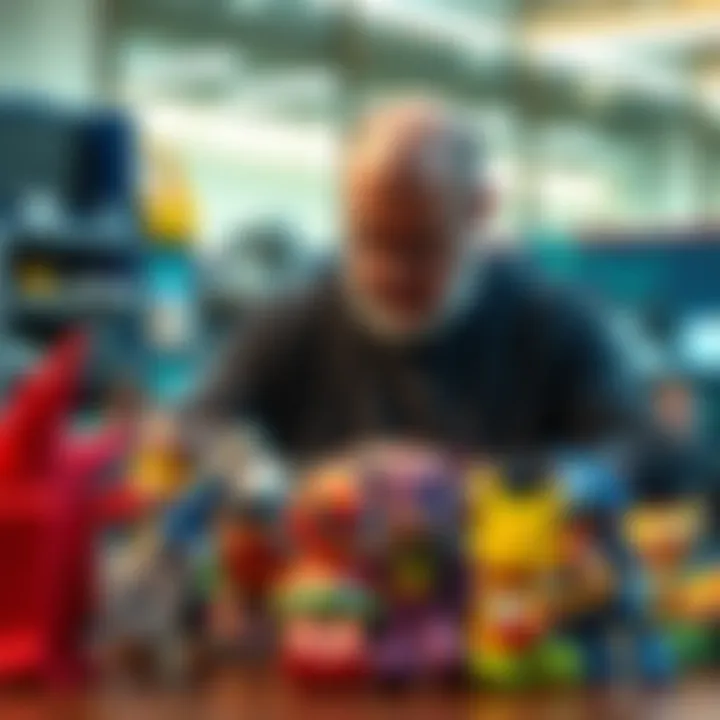 A collector examining a variety of colorful collectible toys on a table, preparing for a toy convention.