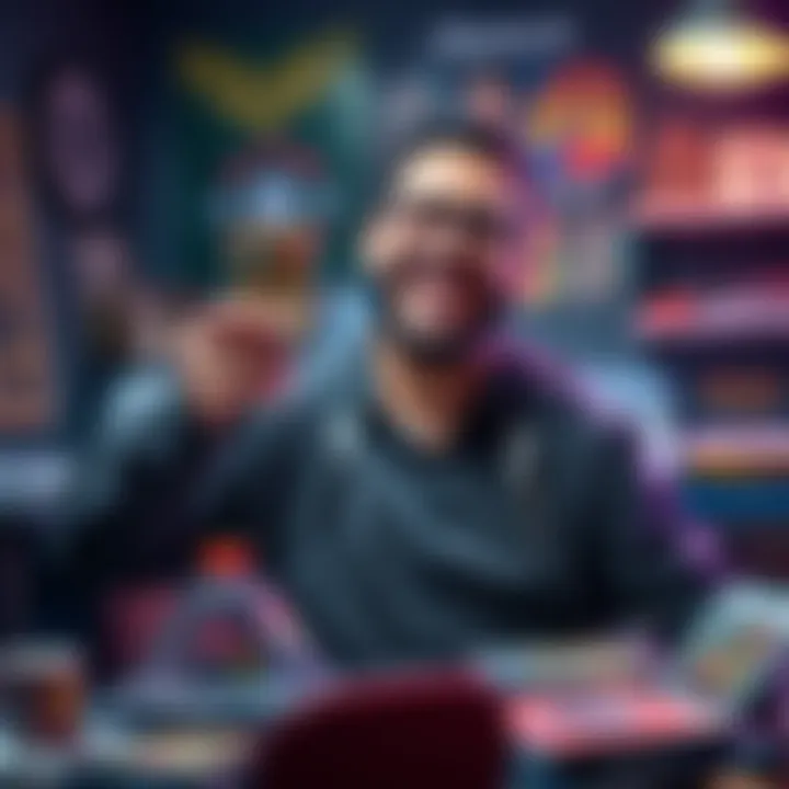 A happy collector holds up a Riccardi variant card with a big smile, surrounded by other collectible items.