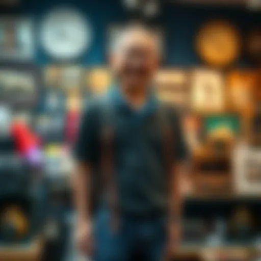 A proud collector stands beside their completed collection of items, smiling and displaying each piece with joy.