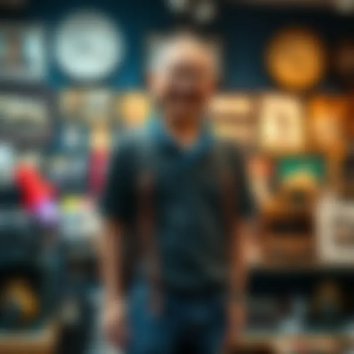 A proud collector stands beside their completed collection of items, smiling and displaying each piece with joy.