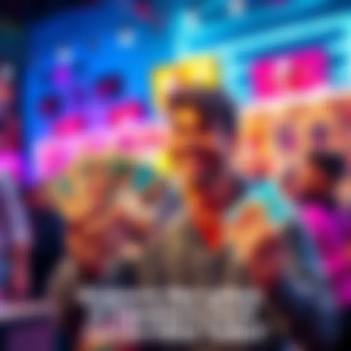 A person holding several colorful signature cards from various players, with excitement on their face in a vibrant setting.