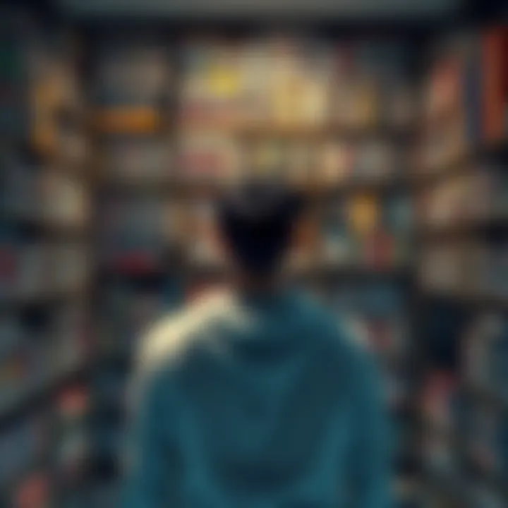 A person stands in front of a large collection of physical video games displayed on shelves, highlighting their passion for gaming ownership.